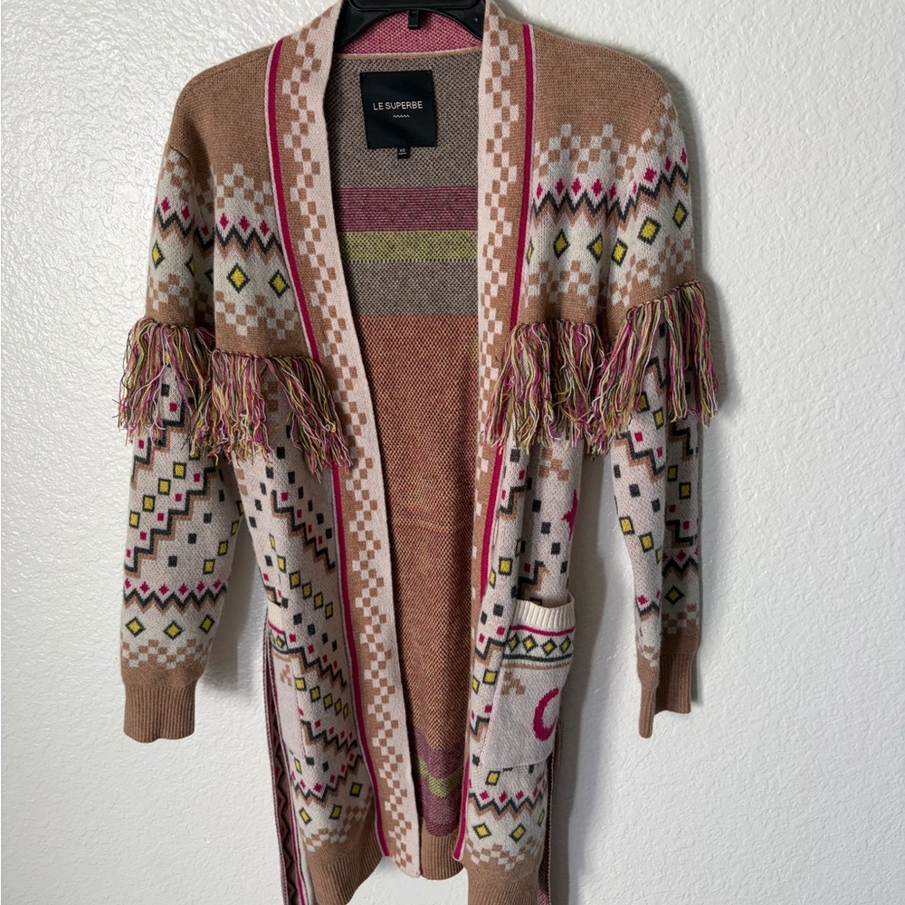 Le Superbe Astrology Fringe Cardigan Wool and Cashmere Size XS Western RARE